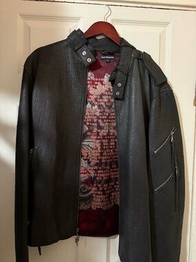 Royal Underground Black Leather Jacket with Red silk Lined Interior mens large